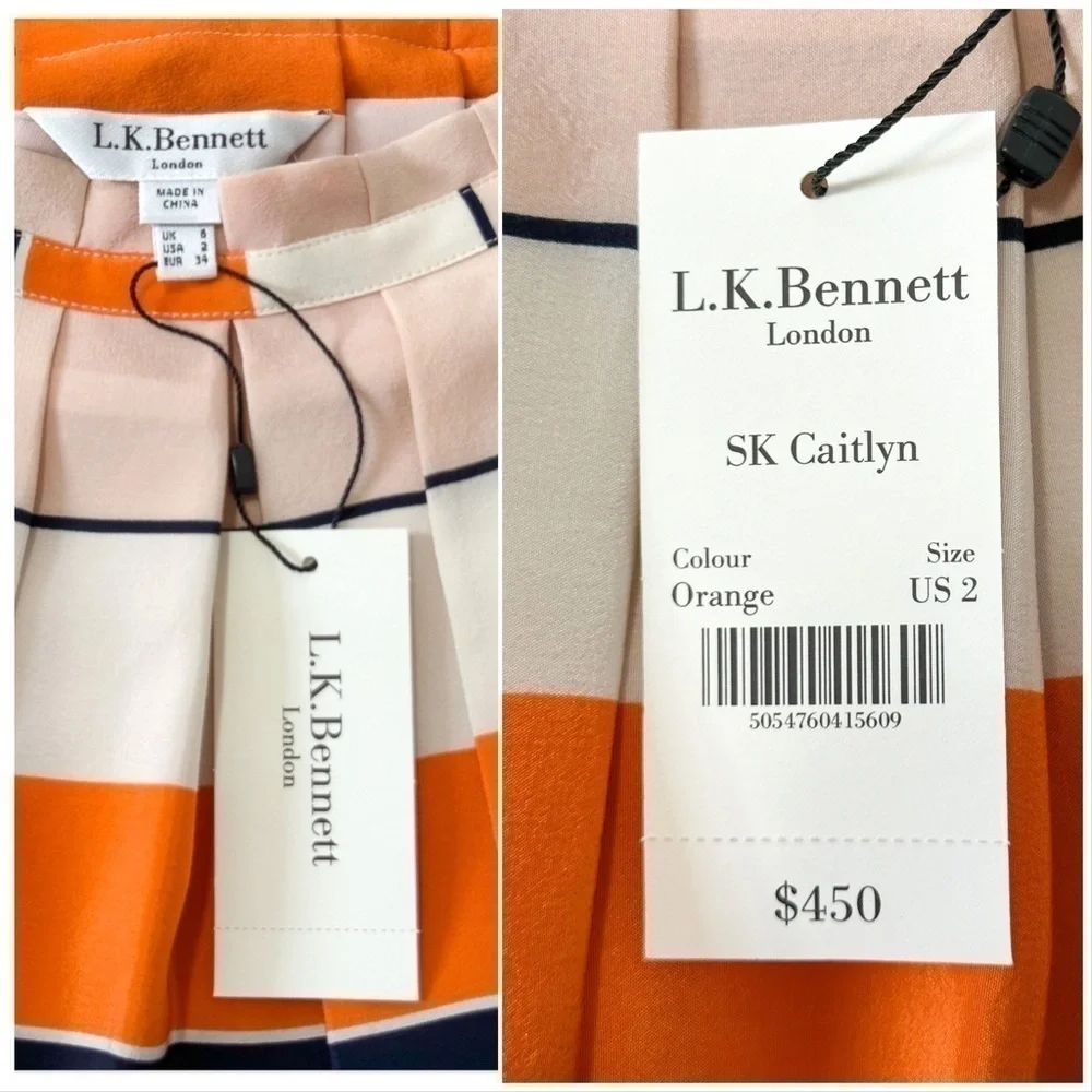 New with tag, L.K.Bennett Orange Caitlyn Striped Silk Skirt, Size 2
